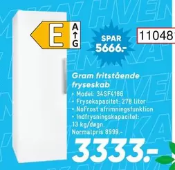 Gram fritstående frysestkab Model: 34SF4186