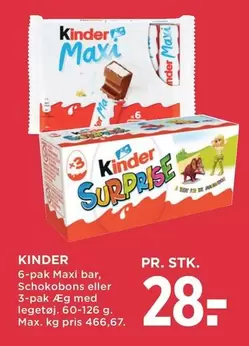 Kinder - Maxi bar, Schokobons eller 3-pak Æg med legetøj