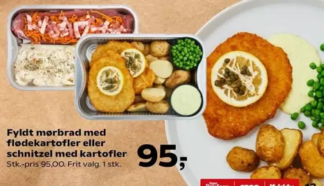 Fyldt morbrød med flødekartofler eller schnitzel med kartofler