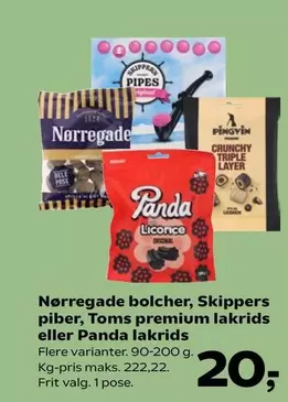 Nørregade bolcher, Skippers piber, Toms premium lakrids eller Panda lakrids