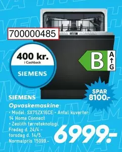 Siemens - Opvaskemaskine Model: SX75X62JC - Antal kuverter: 14 Home Connect