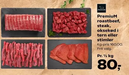 roastbeef, steak, oksekød i tern eller stimler