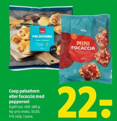 pølsehorn eller focaccia med pepperoni