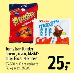 Kinder - Toms bar,  bueno, maxi, M&M's eller Fazer slikpose