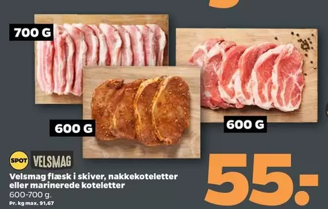 flæsk i skiver, nakkekoteletter eller marinerede koteletter
