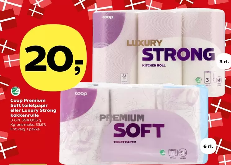 Coop Premium Soft Toilet Paper eller Luxury Strong køkkenrulle