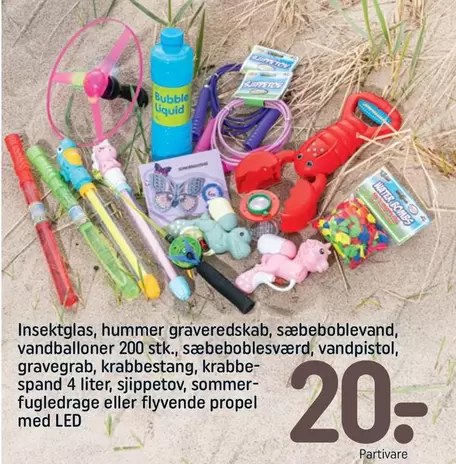 Hummer - Insektglas, hummer graveredskab, sæbeboblevand, vandballoner 200 stk., sæbebobleværd, vandpistol, gravegrab, krabbestang, krabbespand 4 liter, sjippetov, sommerfugledrage eller flyvende propel med LED
