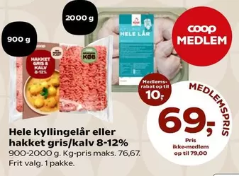 Hele kyllingelår eller hakket gris/kalv