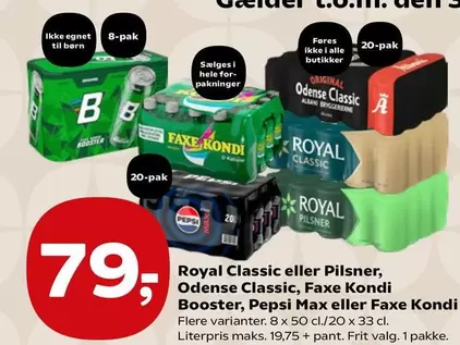 Faxe - Royal Classic eller Pilsner, Booster, Pepsi Max eller  Kondi