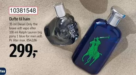 10381548 Duft til ham 35 ml Diesel Only the brave edt vapo eller 100 ml Ralph Lauren big pony 1 blue for men edt