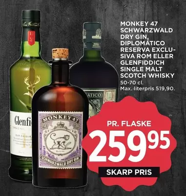 SCHWARZWALD DRY GIN, DIPLOMÁTICO RESERVA EXCLUSIVA ROM ELLER GLENFIDDICH SINGLE MALT SCOTCH WHISKY