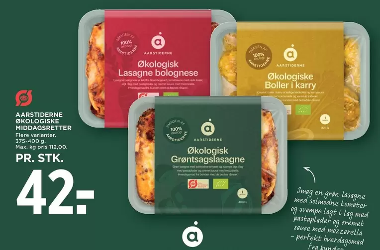 Økologisk Lasagne bolognese, Økologiske Boller i karry, Økologisk Grøntsagslasagne