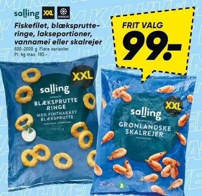 Fiskefilet, blæksprutte-ringe, lakseportioner, vannamei eller skaldyr