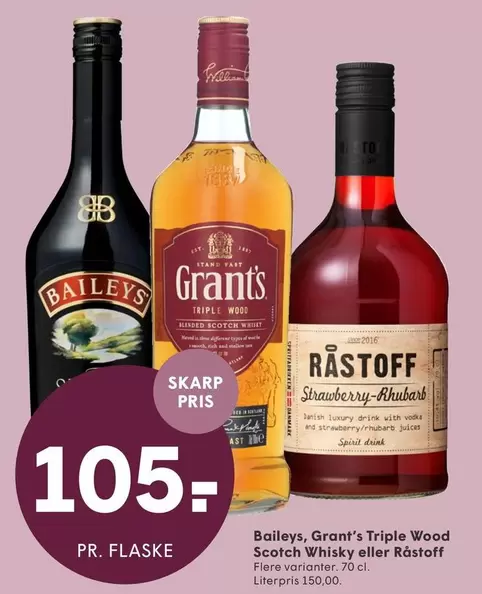 Grant's Triple Wood Triple Wood Blended Scotch Whisky, Baileys Original Irish Cream Liqueur, Råstoff Strawberry-Rhubarb