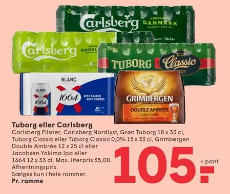 Carlsberg -  Pilsner,  Nordlyst, Grøn Tuborg 18 x 33 cl,  Classic eller Tuborg Classic 0,0% 15 x 33 cl