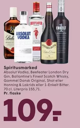 Absolut Vodka, Beefeater London Dry Gin, Ballantine's Finest Scotch Whisky, Gammel Dansk Original, Shot eller Honning & Lakrids eller 1-Enkelt Bitter