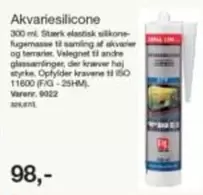 Akvariesilicone 300 ml. Stærk elastisk silikone-fugemasse til samling af akvarier og terrarier, Velegnet til andre glassamlinger, der kræver høj styrke. Oplyfylder kravene til ISO 11600 (F/G - 25HM). Varenr. 9022
