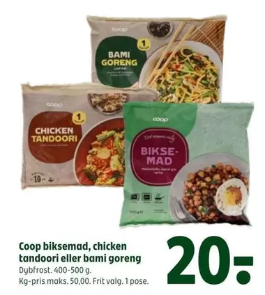 Coop biksemad, chicken tandoori eller bami goreng