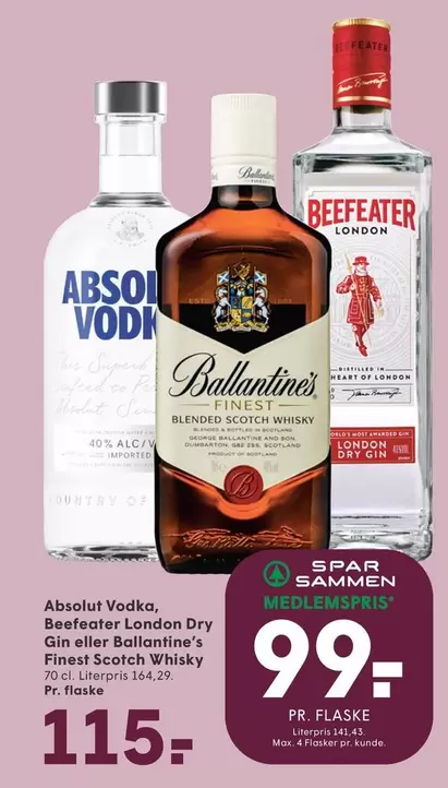 Absolut Vodka, Beefeater London Dry Gin eller Ballantine's Finest Scotch Whisky