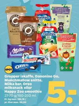 Gropper iskaffe, Danonino Go, Munchmallow snitte, Milka bar, Oreo, Happy Zoo smoothie