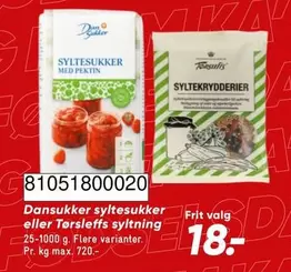 Dansukker syltesukker eller Tørsleffs syltning 81051800020