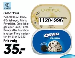 Marabou - Is Ismærket 270-1000 ml. Carte d'Or isbæger, Frisko Favoritter, Oreo isbæger eller Oreo, Fazers Dumle eller iskasse