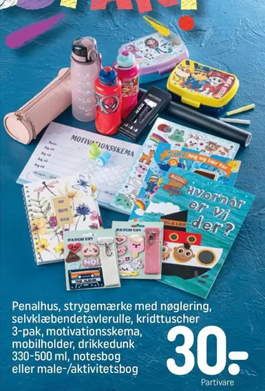 Penalhus, strygemærke med nøglering, selvklæbendetavler, kridt tuscher 3-pak, motivationsskema, mobilholder, drikkedunk 330-500 ml, notesbog eller male-/aktivitetsbog