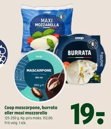 Coop mascarpone, burrata eller maxi mozzarella