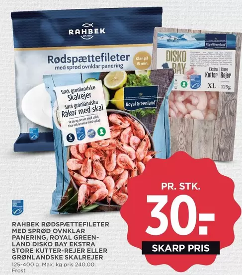 Land - Rødspættefileter med sprød ovnklar panering, Royal Greenland Disko Bay ekstra store kutter-rejer eller Grønlandske skaldyr