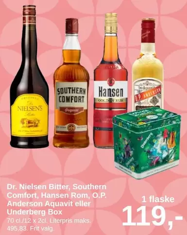 Dr. Nielsen Bitter, Southern Comfort, Hansen Rom, O.P. Anderson Aquavit eller Underberg Box