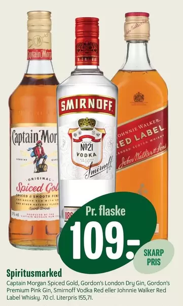 Red - Captain Morgan Spiced Gold, Gordon's London Dry Gin, Gordon's Premium Pink Gin, Smirnoff Vodka eller Johnnie Walker Label