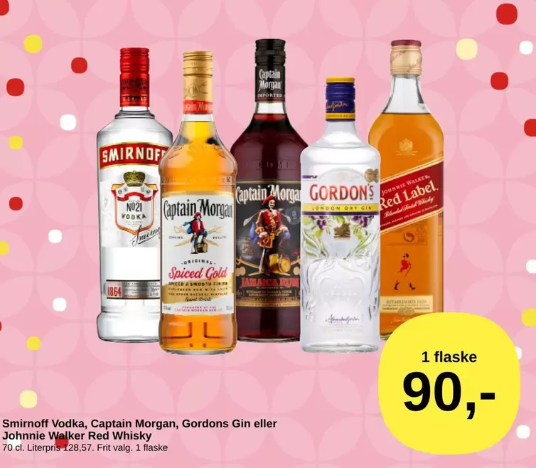 Red - Smirnoff Vodka, Captain Morgan, Gordons Gin eller Johnnie Walker Label