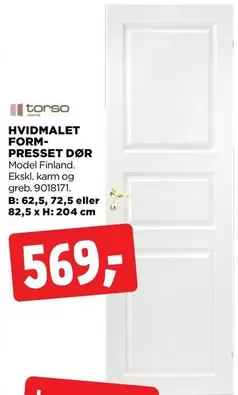 HVIDMALET FORM-PRESSET DØR Model Finland, Ekskl. karm og greb. 9018171. B: 62,5, 72,5 eller 82,5 x H: 204 cm
