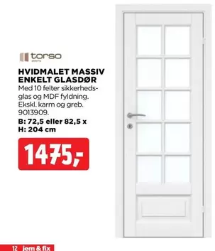 HVIDMALET MASSIV ENKELT GLASDØR Med 10 felter sikkerhedsglas og MDF fyldning. 9013909.
