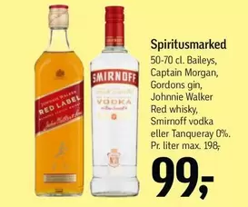 Red - Spiritusmarked 50-70 cl. Baileys, Captain Morgan, Gordons gin, Johnnie Walker whisky, Smirnoff vodka eller Tanqueray 0%. Pr. liter max. 198,-
