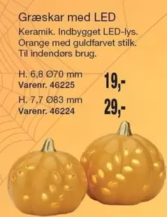 Keramik - Græskar med LED . Indbygget LED-lys. Orange med guld farvet stilk. Til indendørs brug. Varenr. 46225, Varenr. 46224