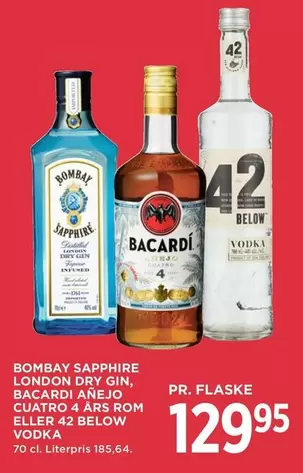 London Dry Gin, Bacardi Añejo Cuatro, or 42 Below Vodka