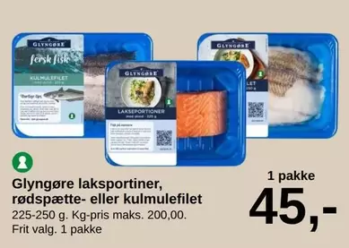 Glyngøre lakseportioner, rødspætte- eller kulmulefilet