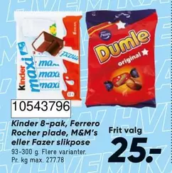 Kinder -  8-pak, Ferrero Rocher plade, M&M's eller Fazer slikpose 10543796