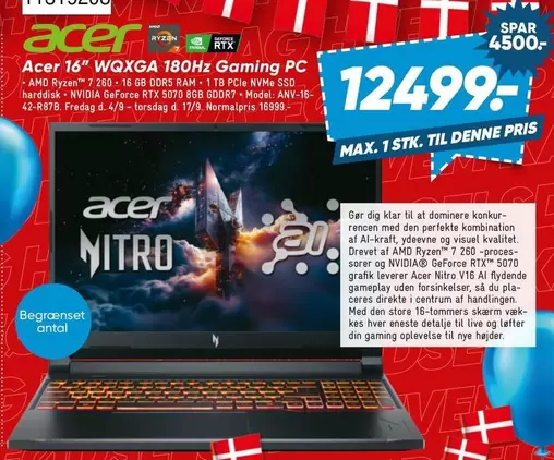 Acer -  16" WQXGA 180Hz Gaming PC