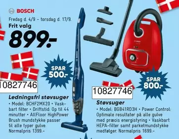 Bosch - Ledningsfri støvsuger, BCHF2MX20 - Vaskbart filter, Driftstid: Op til 44 minutter, AllFloor HighPower Brush mundstykke passer til alle typer gulve. Normalpris 1399.-