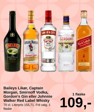 Red - Baileys Likør, Captain Morgan, Smirnoff Vodka, Gordon's Gin eller Johnnie Walker  Label Whisky