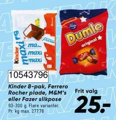Kinder - 8-pak, Rocher plade, M&M's eller Fazer slikpose