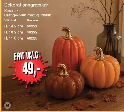Keramik - Dekorationsgræskar . Orange/brun med guldstilk. H. 14,2 cm 46221, H. 18,2 cm 46222, H. 11,6 cm 46223