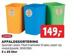 AFFALDSSORTERING Spande i plast. Med mærkater til glas, papir og metal/plastik. 9061386.