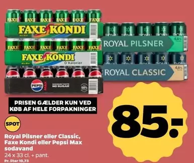 Faxe - Royal Pilsner eller Classic,  Kondi eller Pepsi Max sodavand