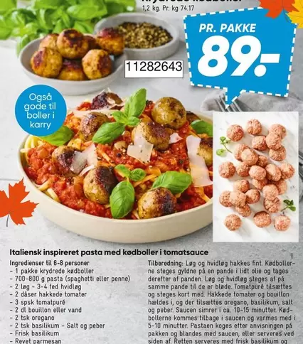 Kort - Italiensk inspireret pasta med kødboller i tomatsauce