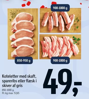 Koteletter med skaft, spareribs eller flæsk i skiver af gris
