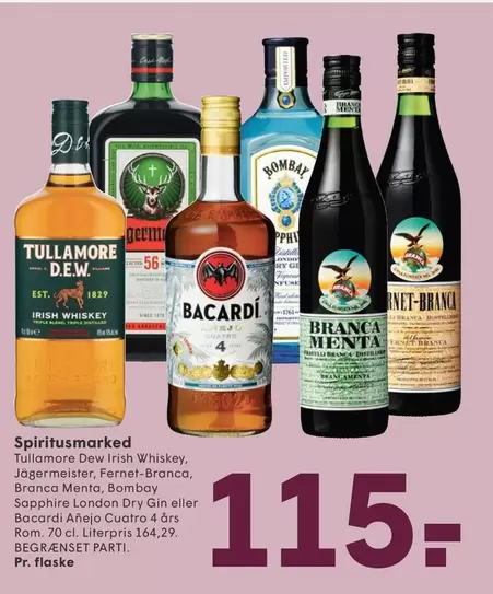 Branca - Irish Whiskey, Jägermeister, Fernet-, Menta, Bombay Sapphire London Dry Gin eller Bacardi Añejo Cuatro
