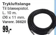 Trykluftslange Til blæsepistol. L. 10 m. Ø6 x 11 mm. Varenr. 36620